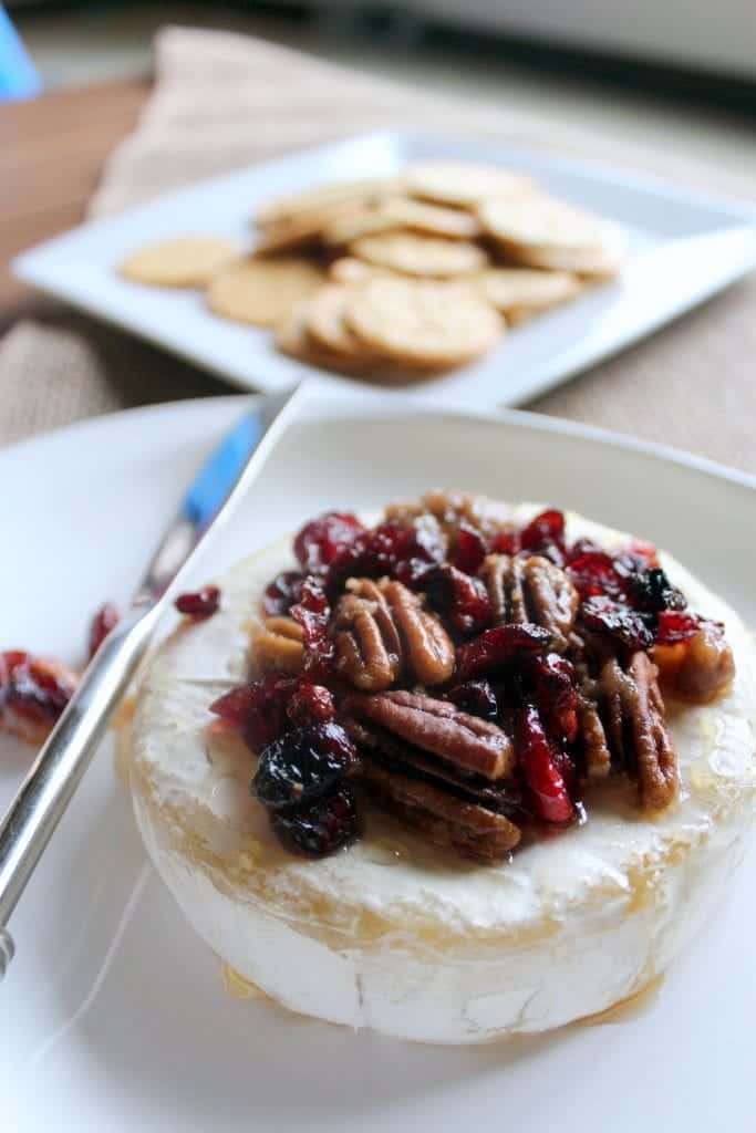 Baked Brie with Honey, Candied Pecans and Cranberries