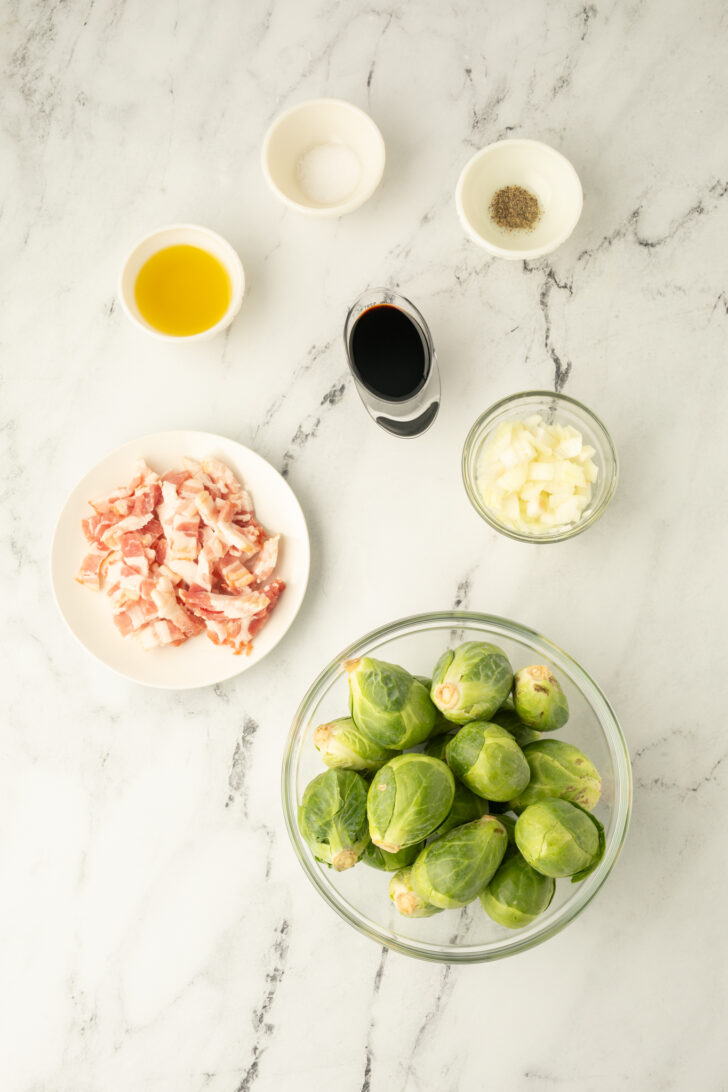 an overhead photo of ingredients for roasted brussels sprouts