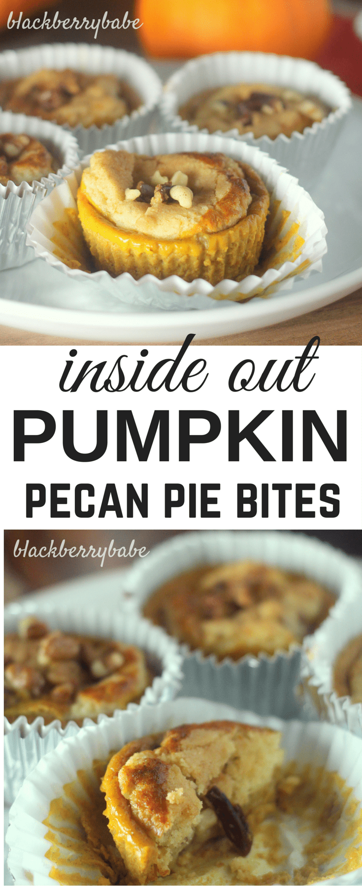 Inside Out Pumpkin Pie Bites- Creamy Pumpkin Pie filling, filled with a crumbly pecan shortbread! The perfect fun and EASY dessert for Thanksgiving. Recipe by @michelle_goth www.blackberrycooks.com