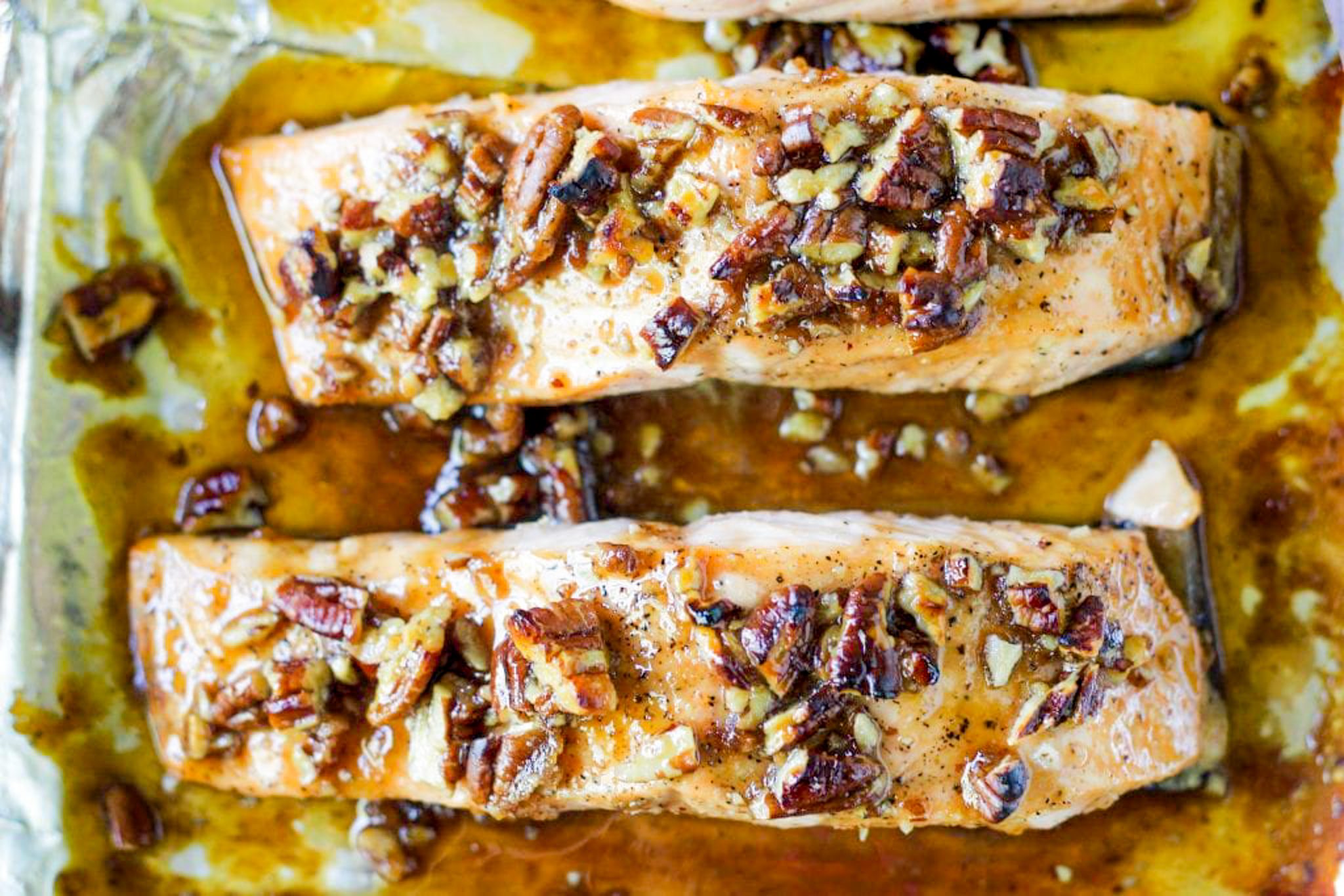 an overhead photo of salmon topped with brown sugar glaze
