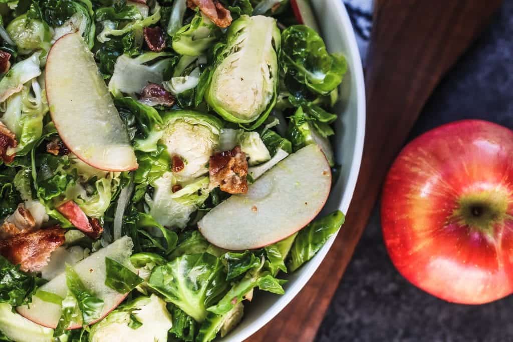 Kale Brussels Sprouts Salad with Bacon and Apples
