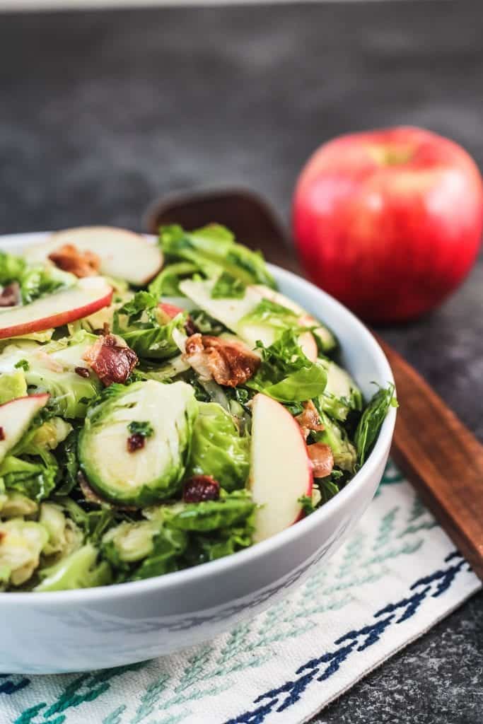 Kale Brussels Sprouts Salad with Bacon and Apples
