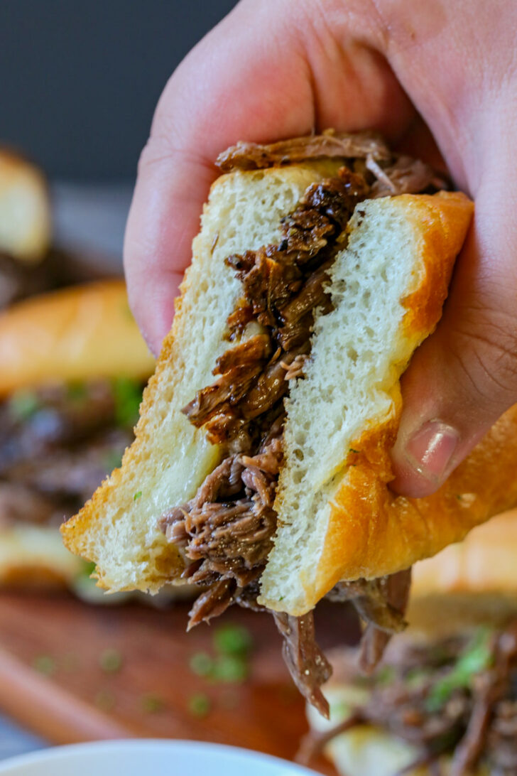 a photo of a hand holding a shredded beef sub