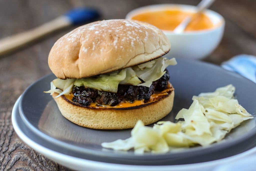 Bulgogi Burger with Quick Pickled Cabbage and Gochujang Mayo