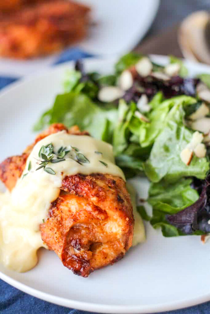 a photo of air fryer chicken cordon bleu on a plate