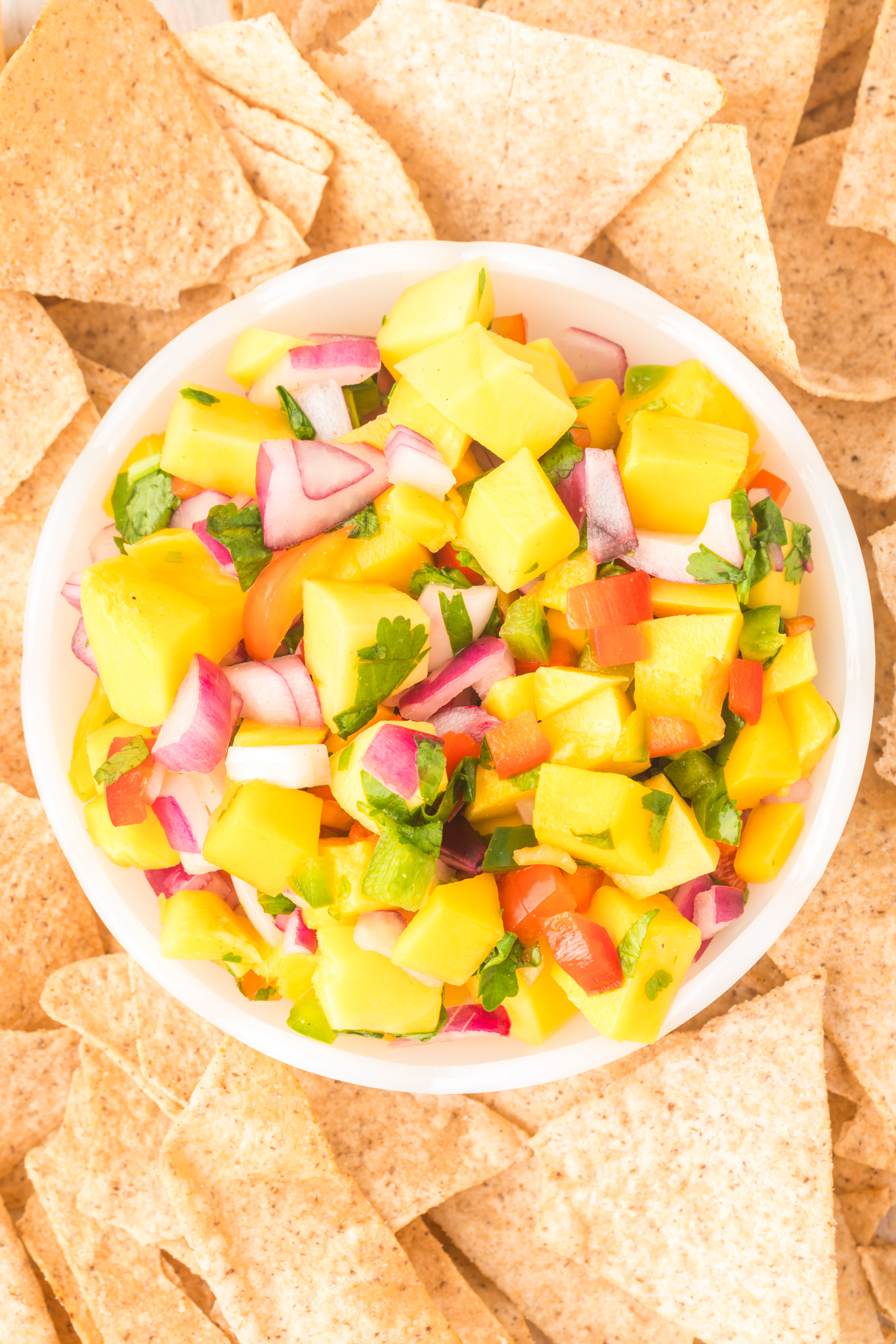 A photo of a white bowl of mango habanero salsa surrounded by tortilla chips