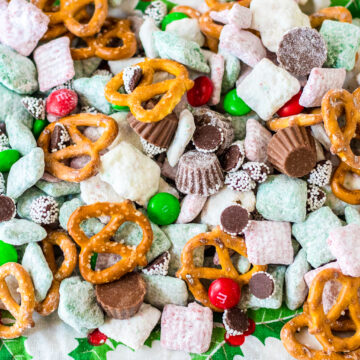 A close up photo of Christmas Chex Mix