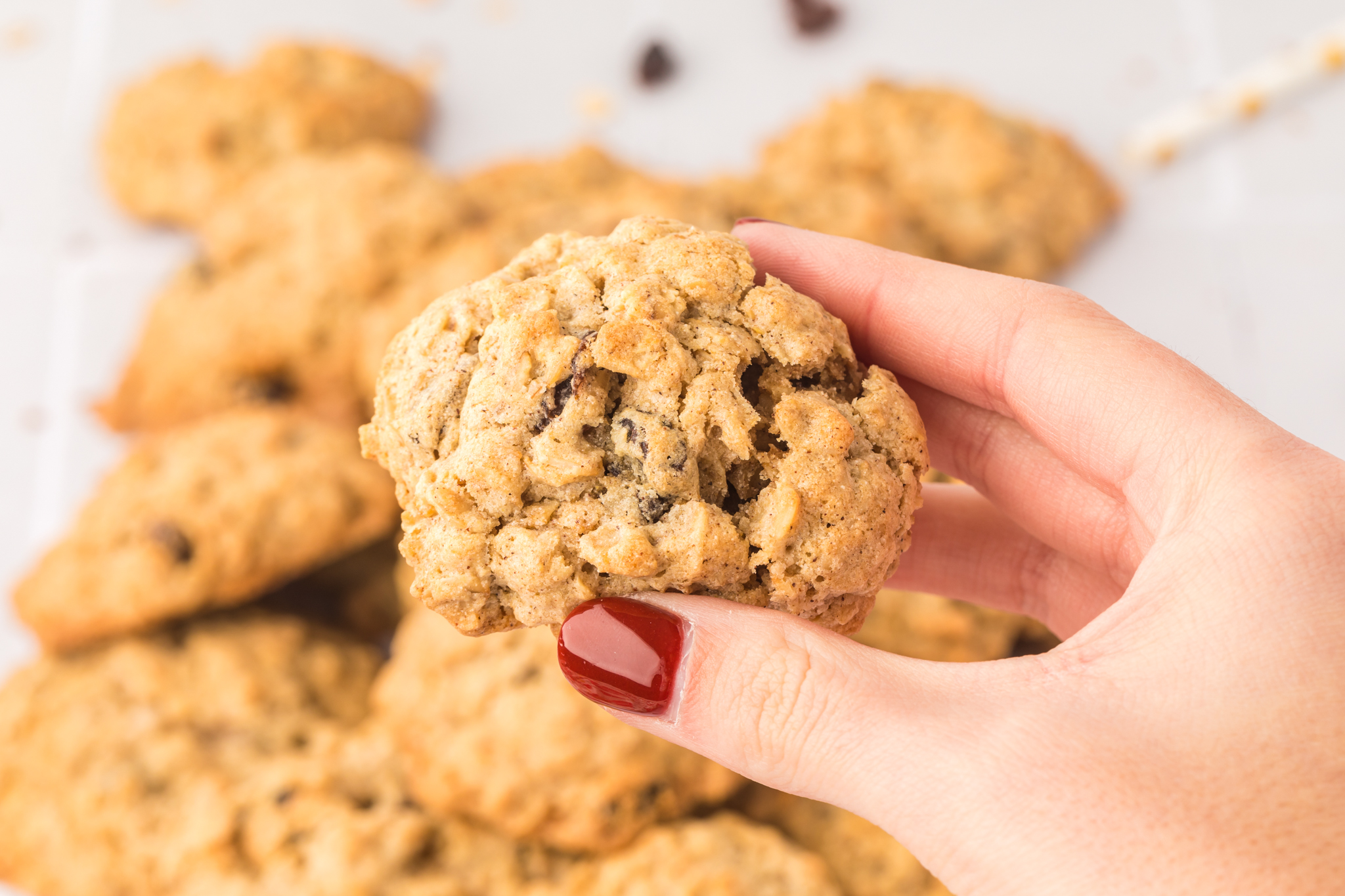 A close up photo of a hand holding an oatmeal raisin cookie
