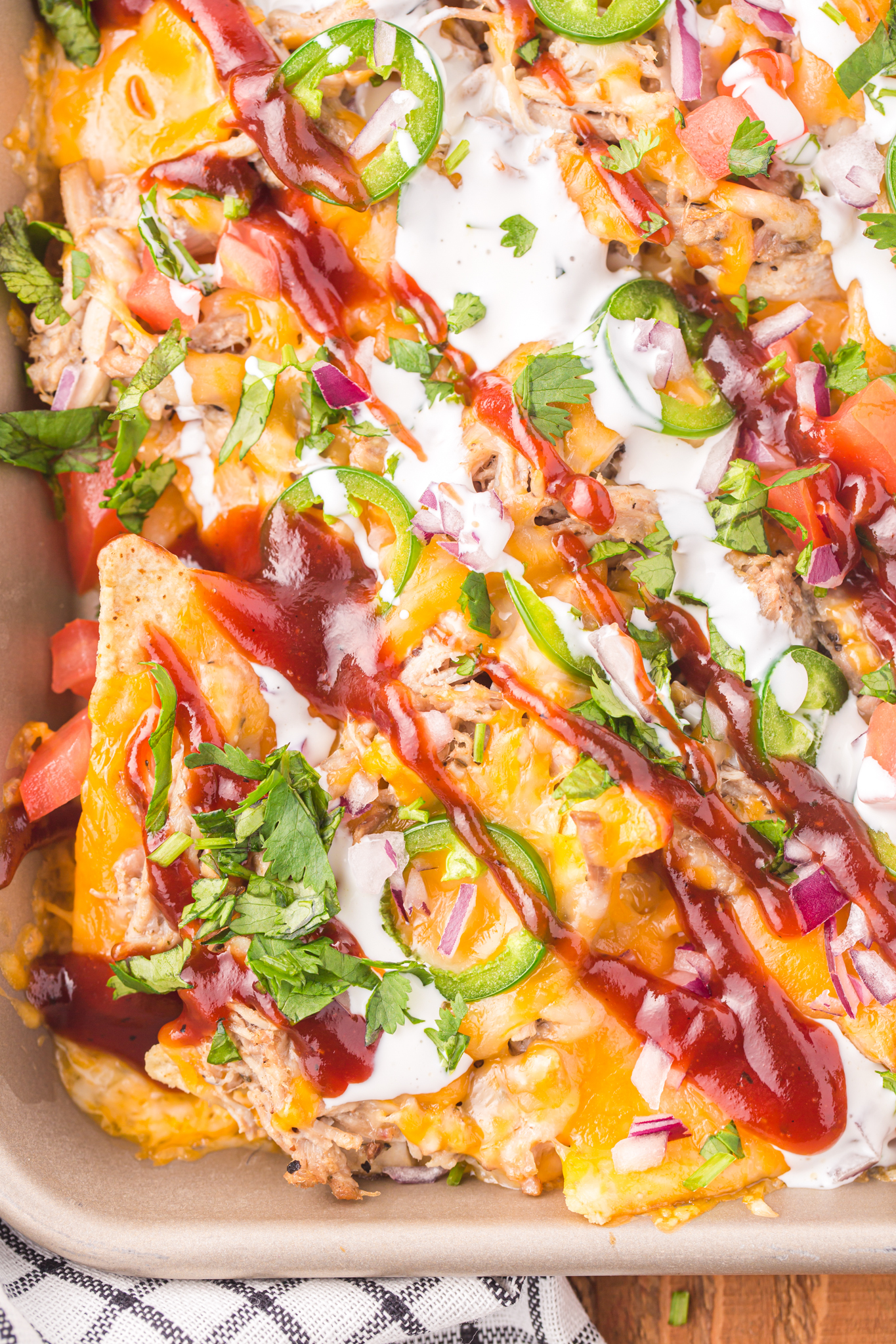 An overhead close-up photo of pulled pork nachos recipe