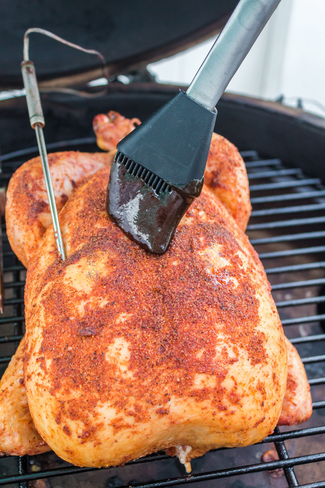a close up photo of a chicken on a smoker being basted with bbq sauce