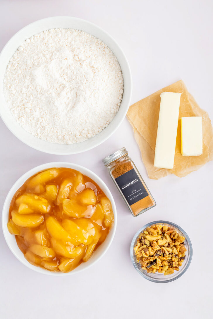 an overhead photo of separated ingredients for apple dump cake