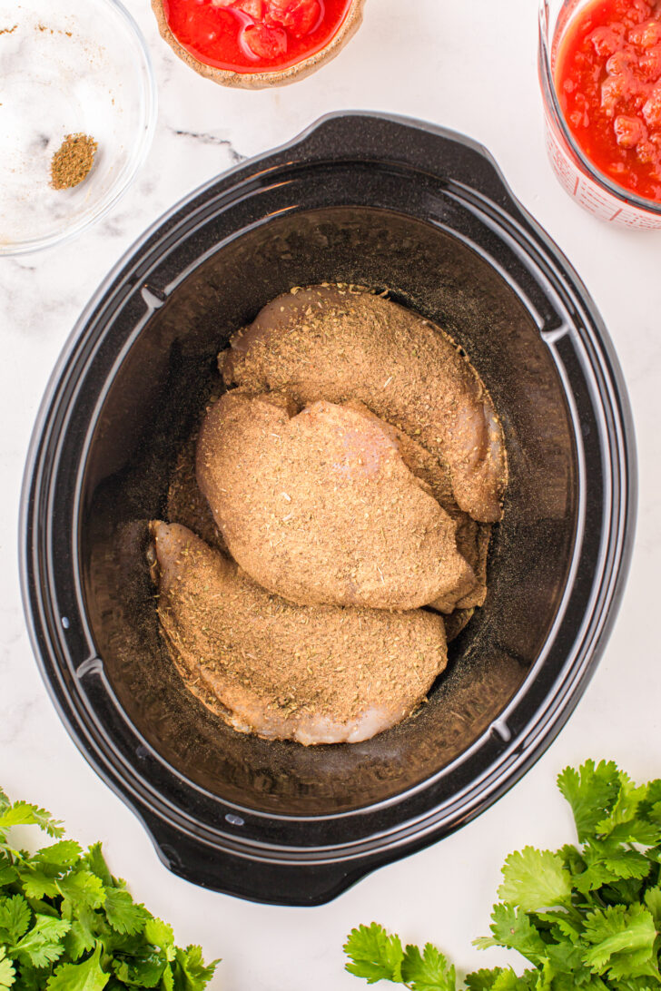 a photo of raw chicken breasts in a slow cooker covered in spices 