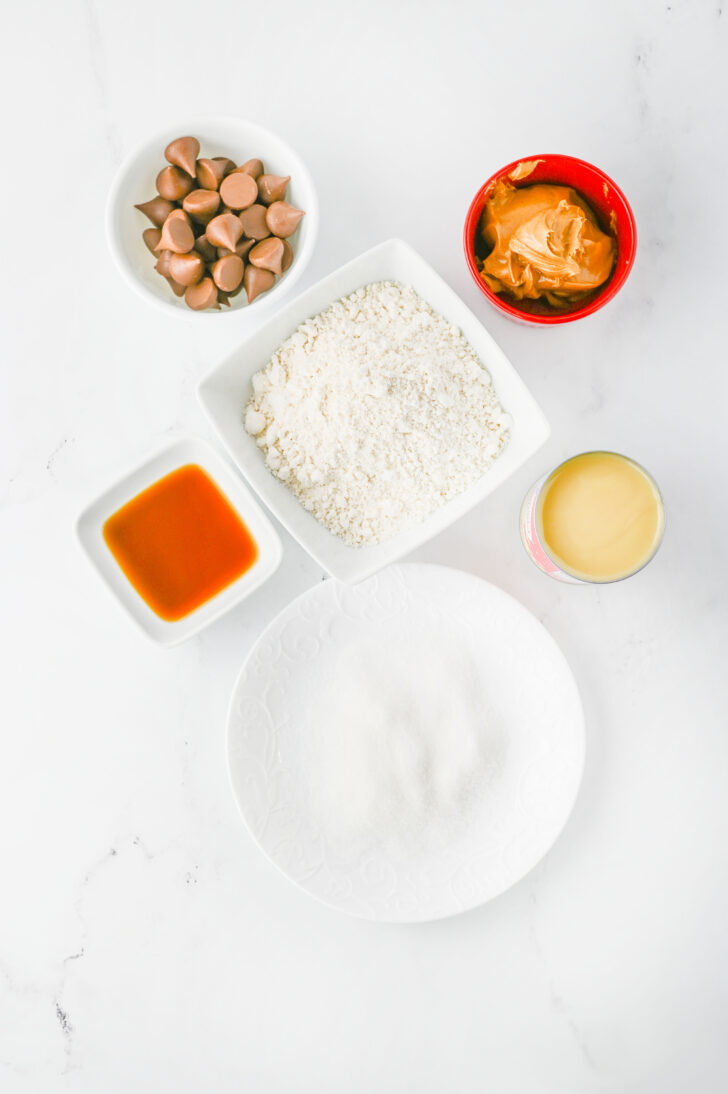 Ingredients needed to make peanut butter blossoms.