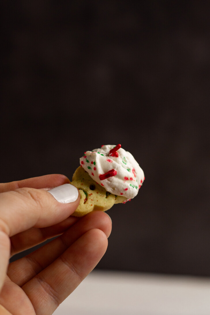 Hand holding a small cookie with sugar cookie dip on it.