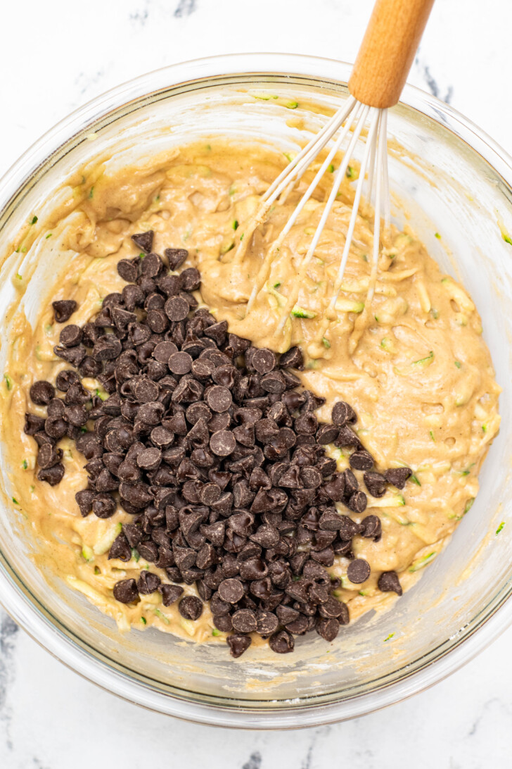 chocolate chips in zucchini muffin batter