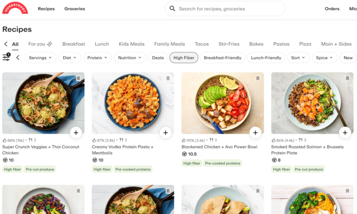 a photo of the Hungryroot home page filtered by high fiber diets