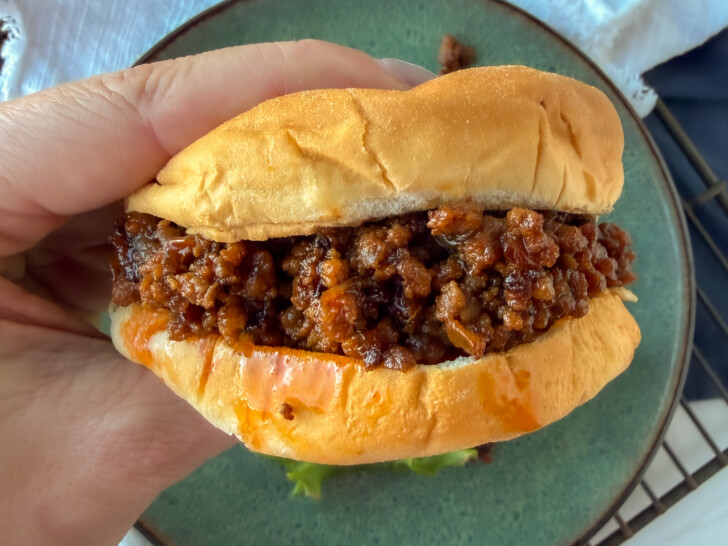 a hand holding a sloppy joe sandwich