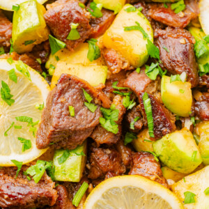 garlic steak bites in a skillet
