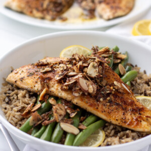 rainbow trout almondine over rice and green beans