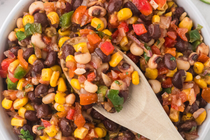 cowboy caviar on a wooden spoon