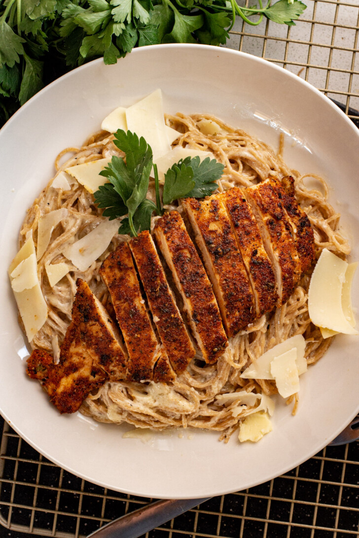 Chicken Fettucine Alfredo on a White Plate