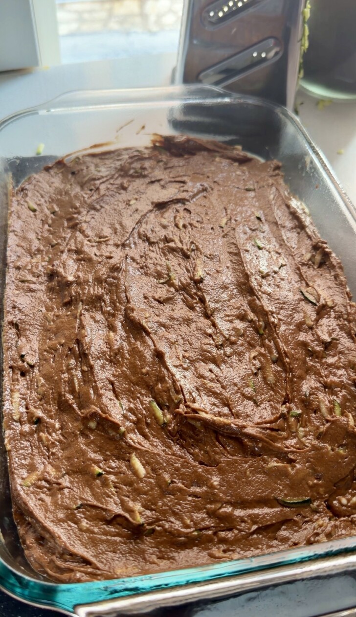 chocolate cake batter in a cake pan