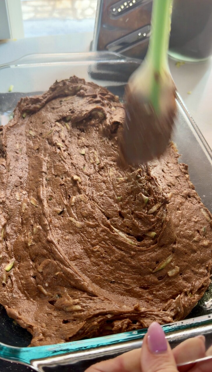 chocolate cake batter in a pan