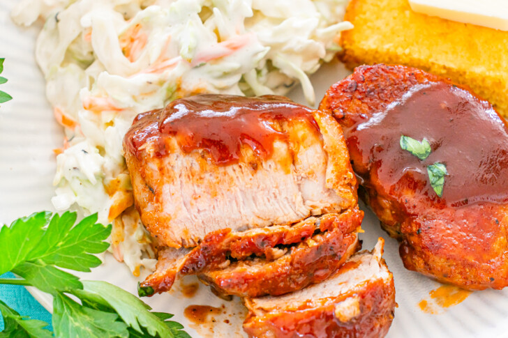 a slice of pork tenderloin in barbecue sauce