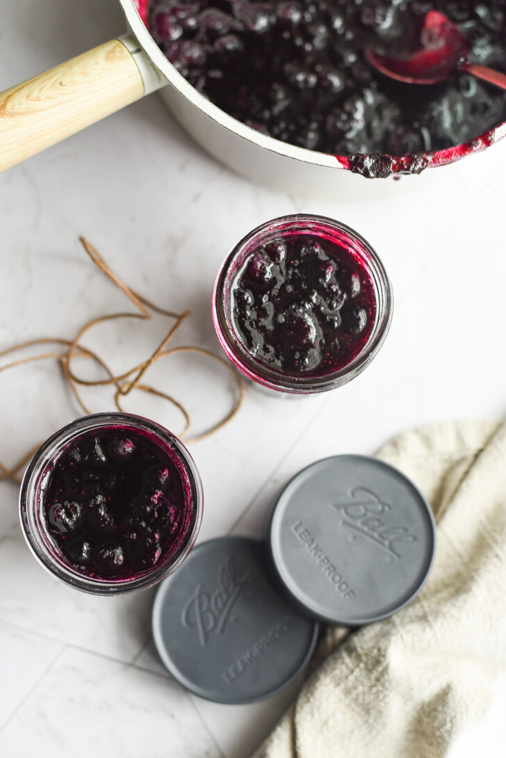 blueberry freezer jam in mason jars