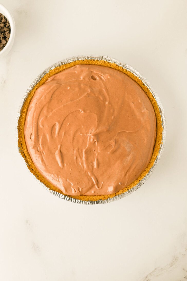 chocolate cream pie in a graham cracker crust