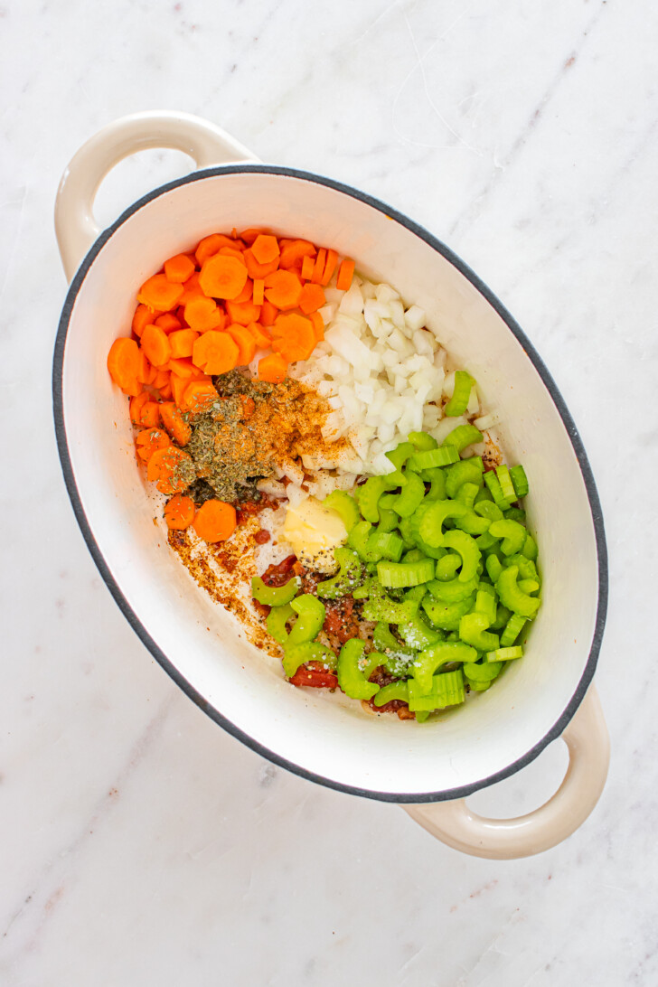 veggies sauteeing in bacon