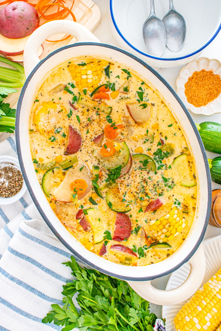 zucchini and corn chowder in a Dutch oven