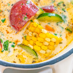 a Dutch oven filled with summer corn chowder