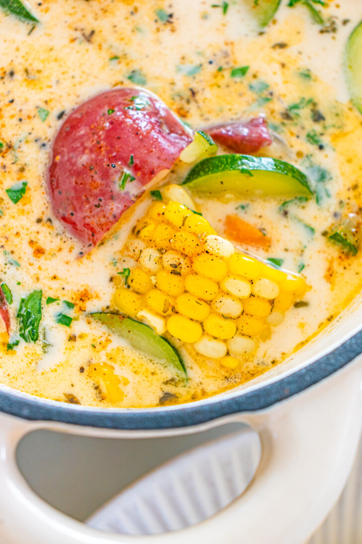 a Dutch oven filled with summer corn chowder