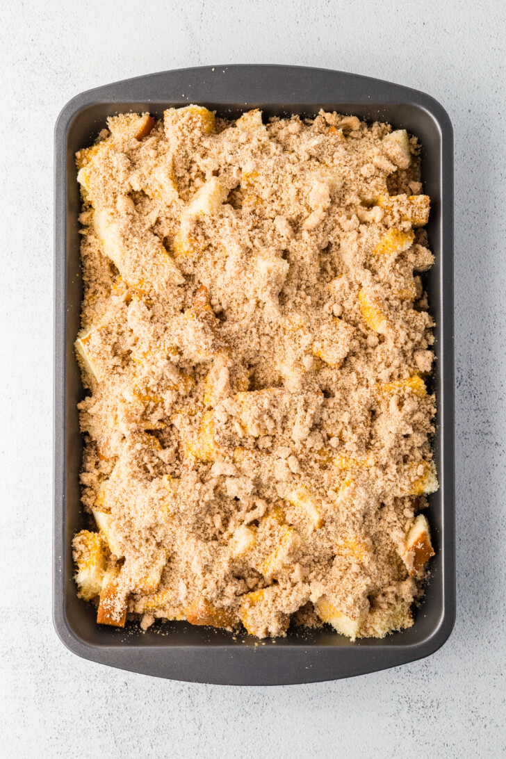 an assembled, unbaked pumpkin casserole for breakfast