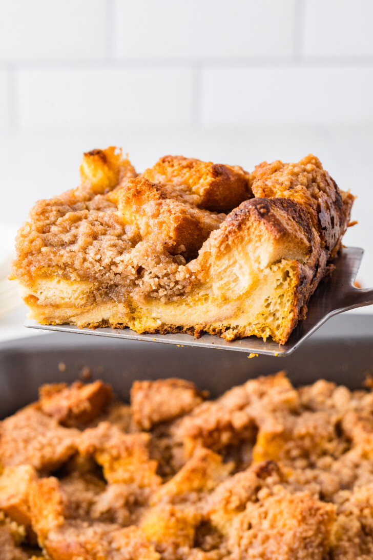 pumpkin spice french toast casserole on a spatula