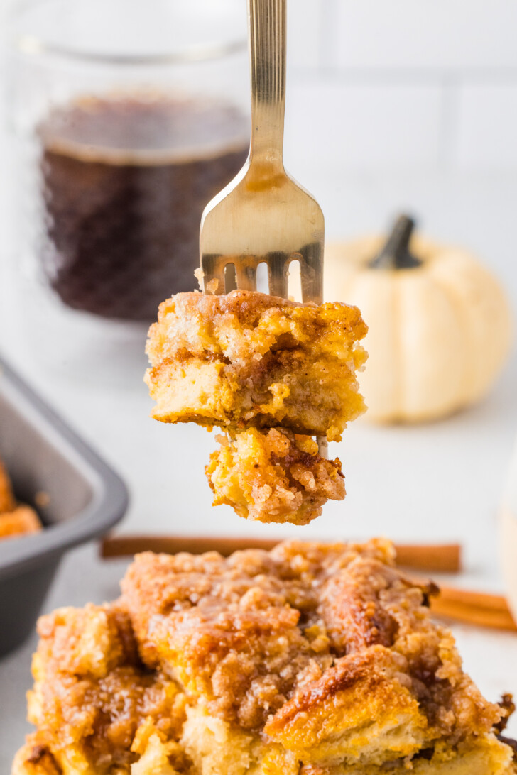 pumpkin french toast casserole on a fork