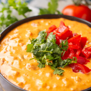a bowl of spicy rotel dip topped with cilantro and tomato