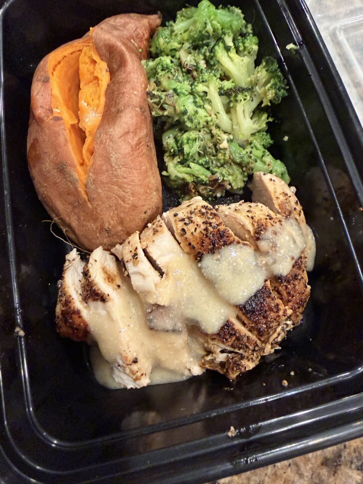 Miso chicken in a meal prep container