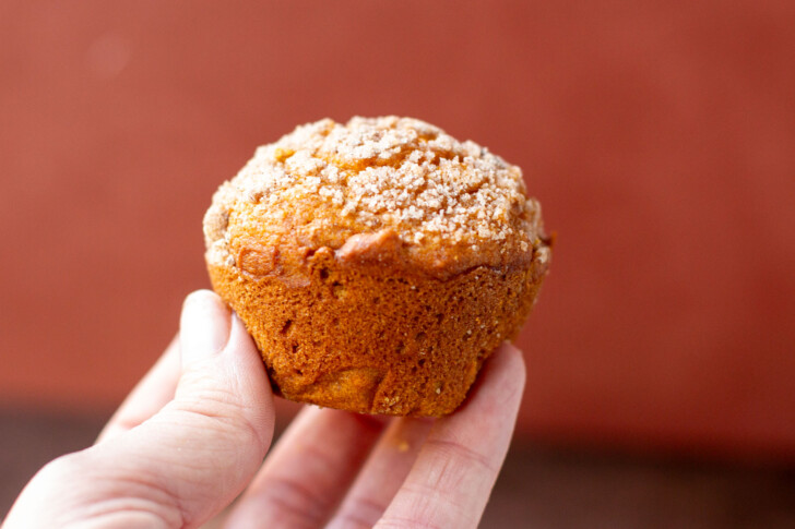 a hand holding a pumpkin muffin