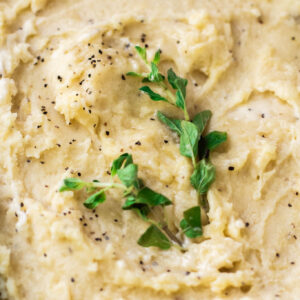 yukon gold mashed potatoes in a casserole dish