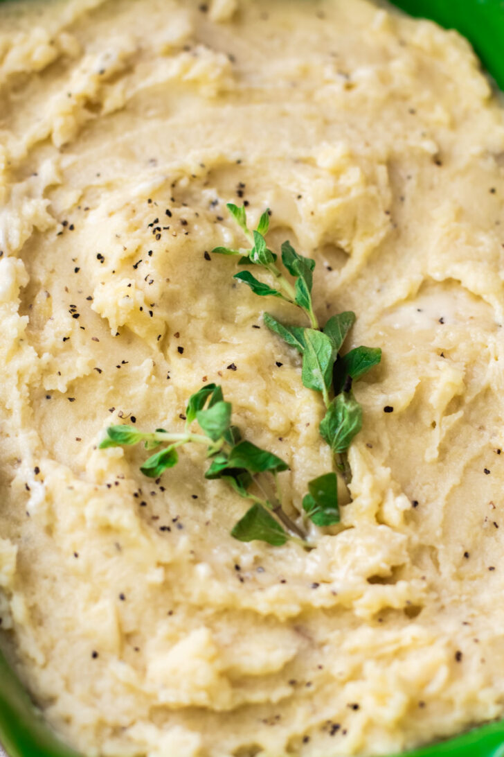 yukon gold mashed potatoes in a casserole dish