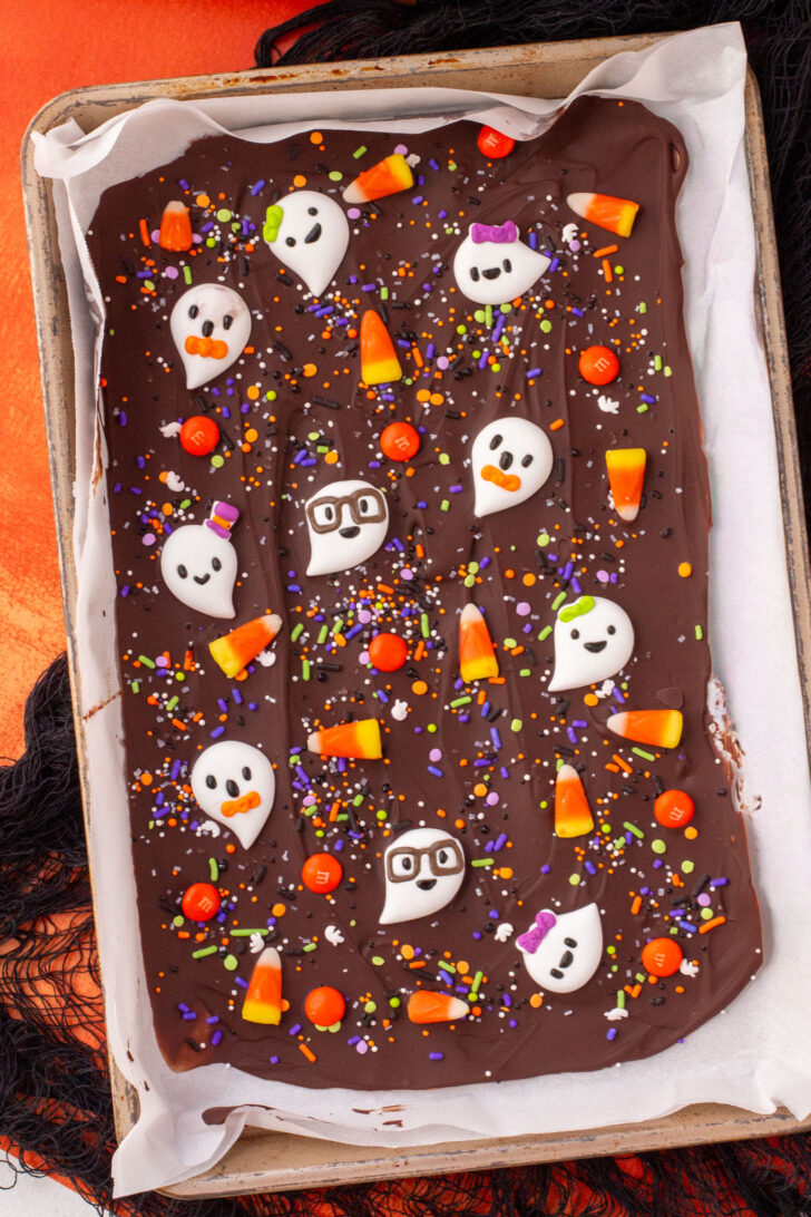 halloween chocolate bark on a tray