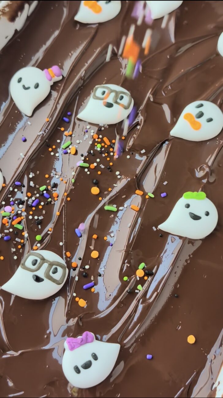 melted chocolate with halloween candy on top