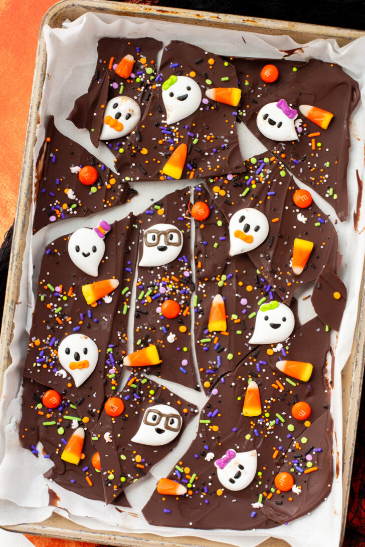 Chocolate Halloween Bark with Ghost Candies